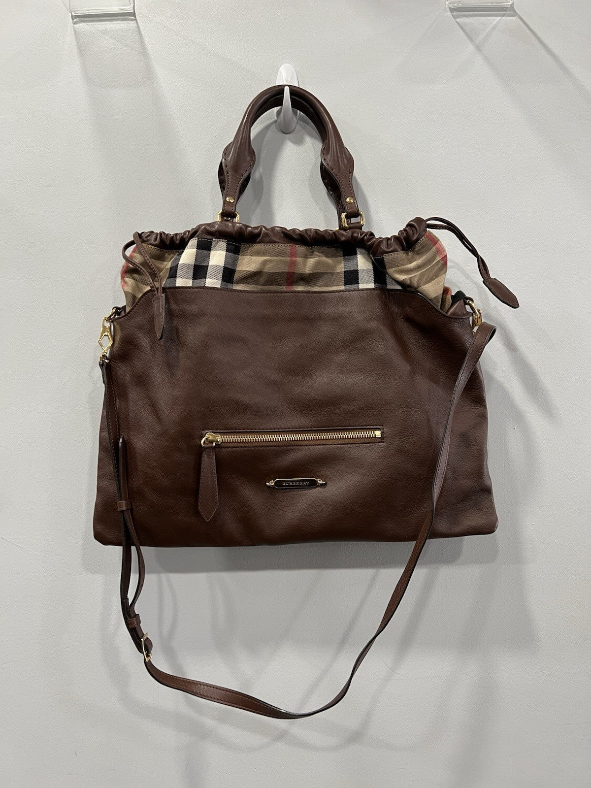 Burberry Big Crush Leather Plaid Drawstring Tote