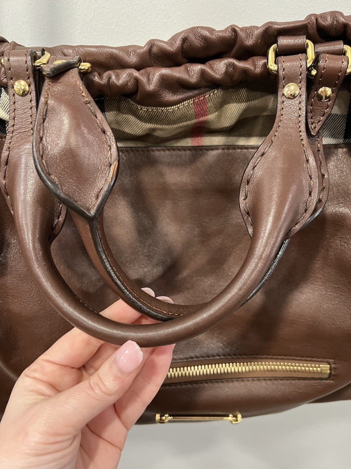 Burberry Big Crush Leather Plaid Drawstring Tote