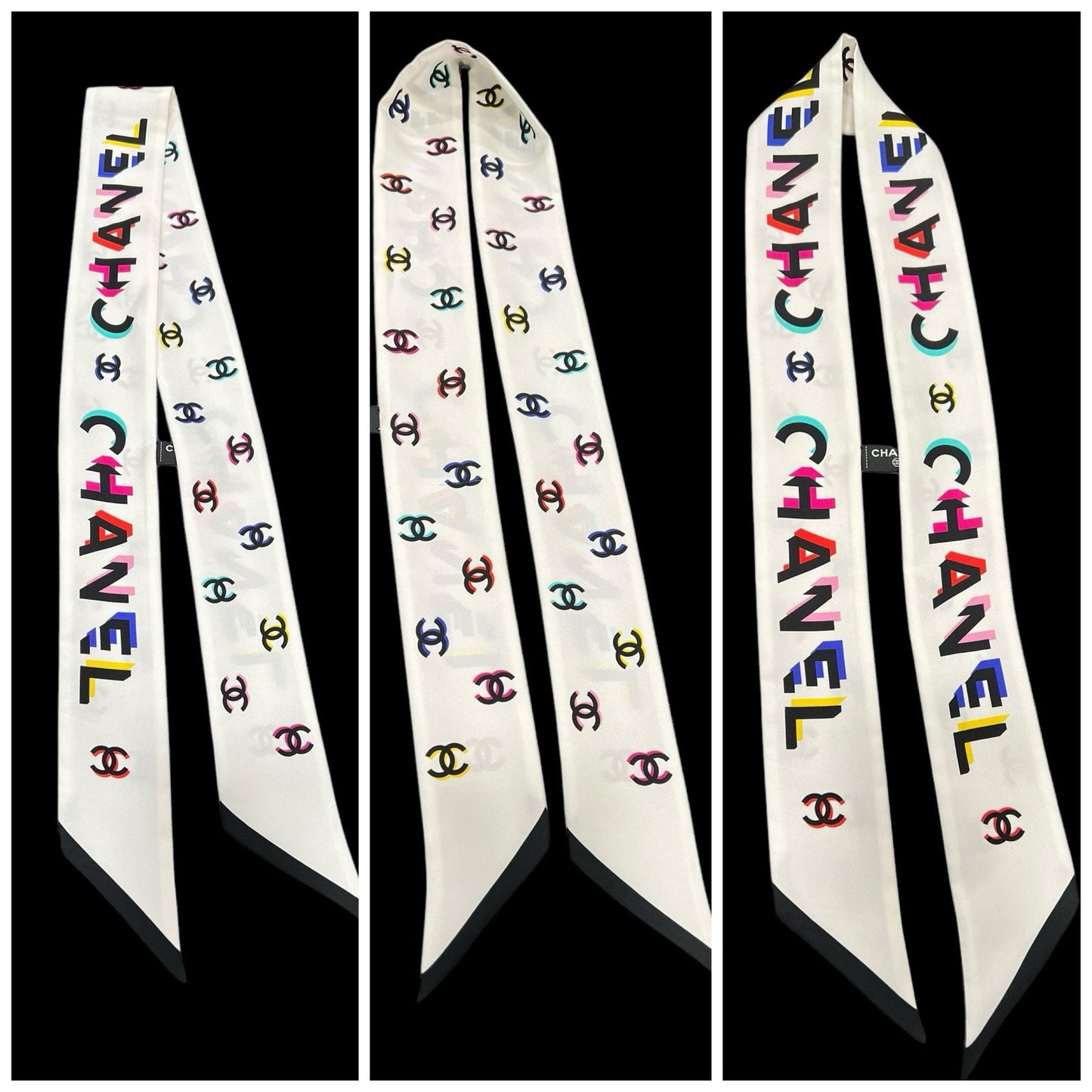 Chanel Silk Bandeau Scarf Ivory Multi Reversible Logo AUTHENTIC RARE