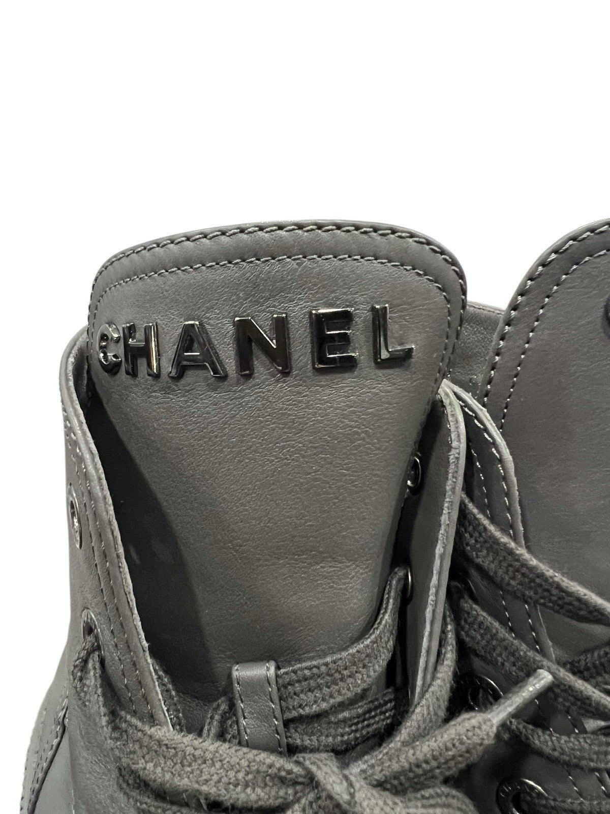 Chanel 2024 Grained Calfskin Shiny Calfskin CC Lace Up Combat Boots Size 37.5