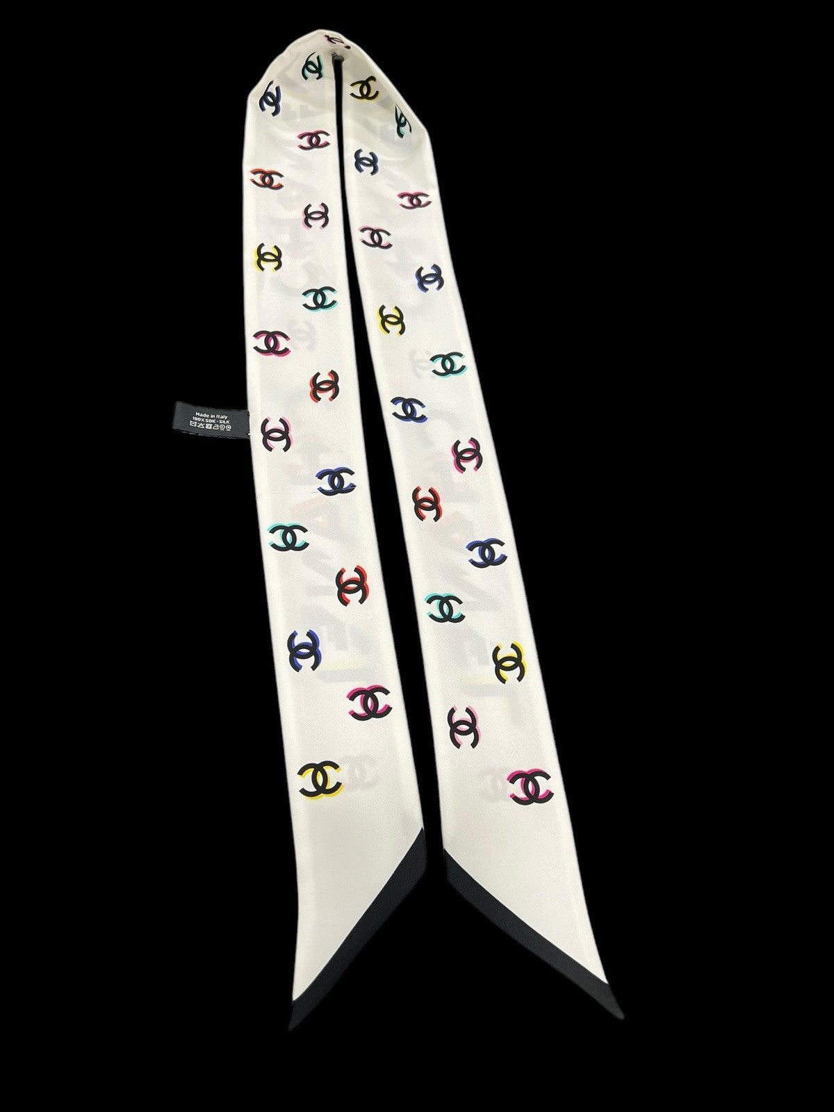 Chanel Silk Bandeau Scarf Ivory Multi Reversible Logo AUTHENTIC RARE