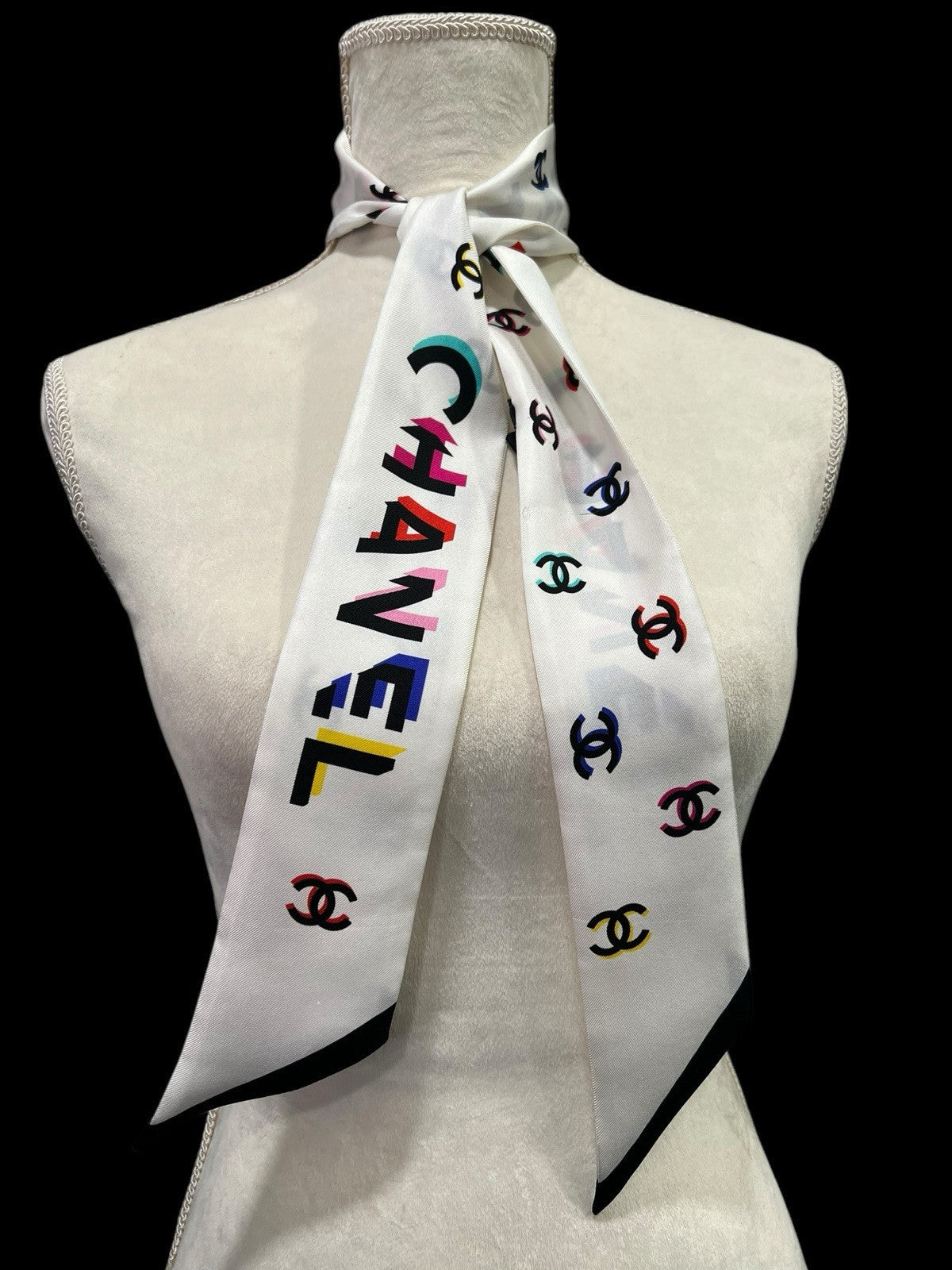 Chanel Silk Bandeau Scarf Ivory Multi Reversible Logo AUTHENTIC RARE