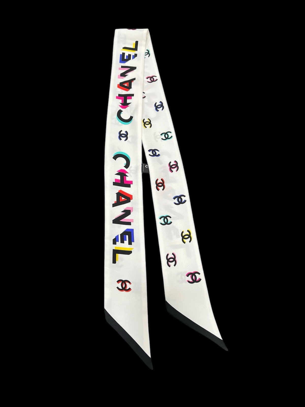 Chanel Silk Bandeau Scarf Ivory Multi Reversible Logo AUTHENTIC RARE