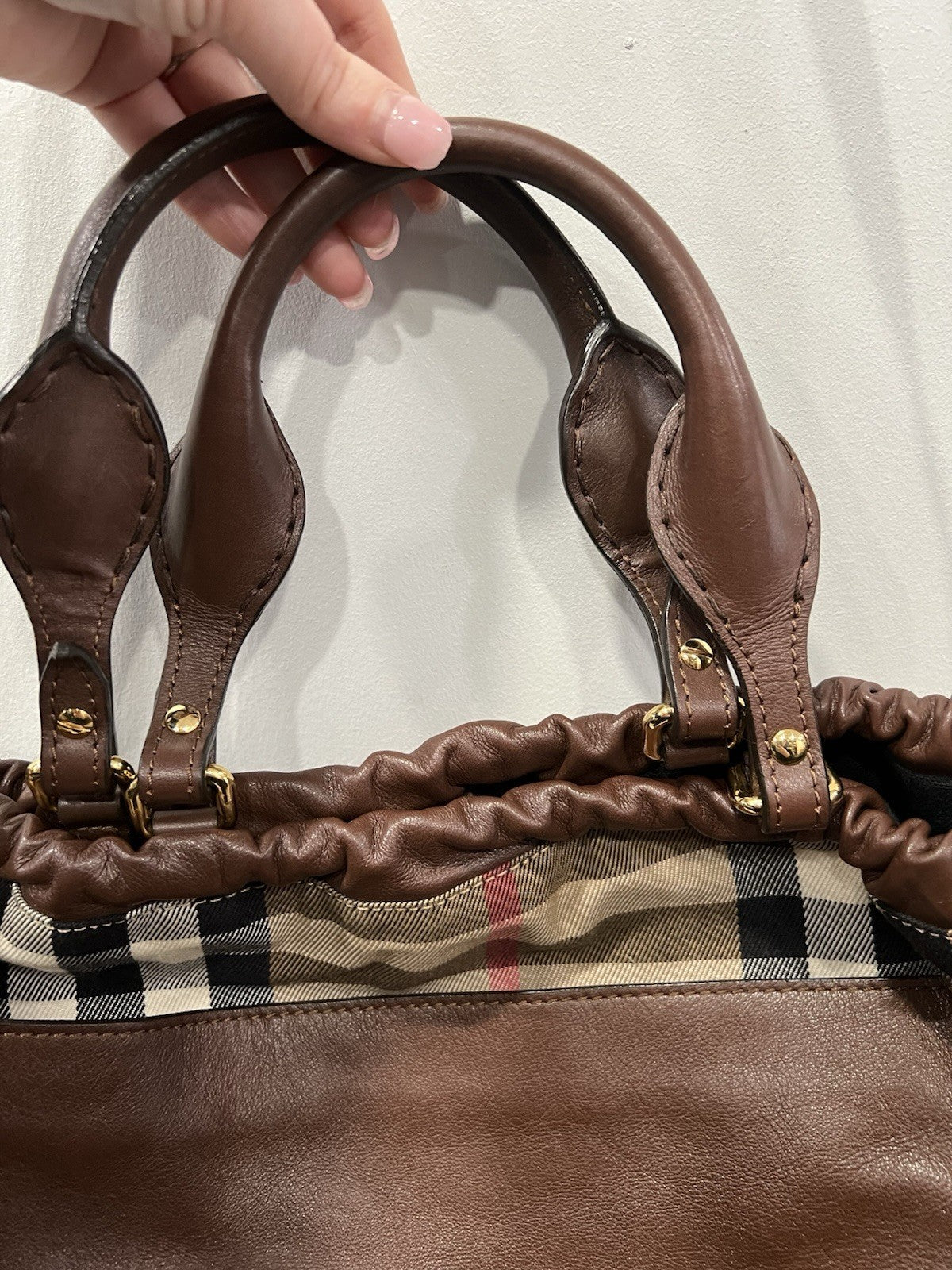 Burberry Big Crush Leather Plaid Drawstring Tote